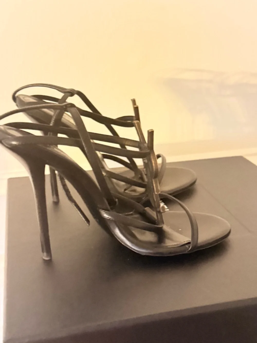Saint Laurent Black Strappy Heeled Sandals with Gold YSL Emblem - Picture 2 of 5